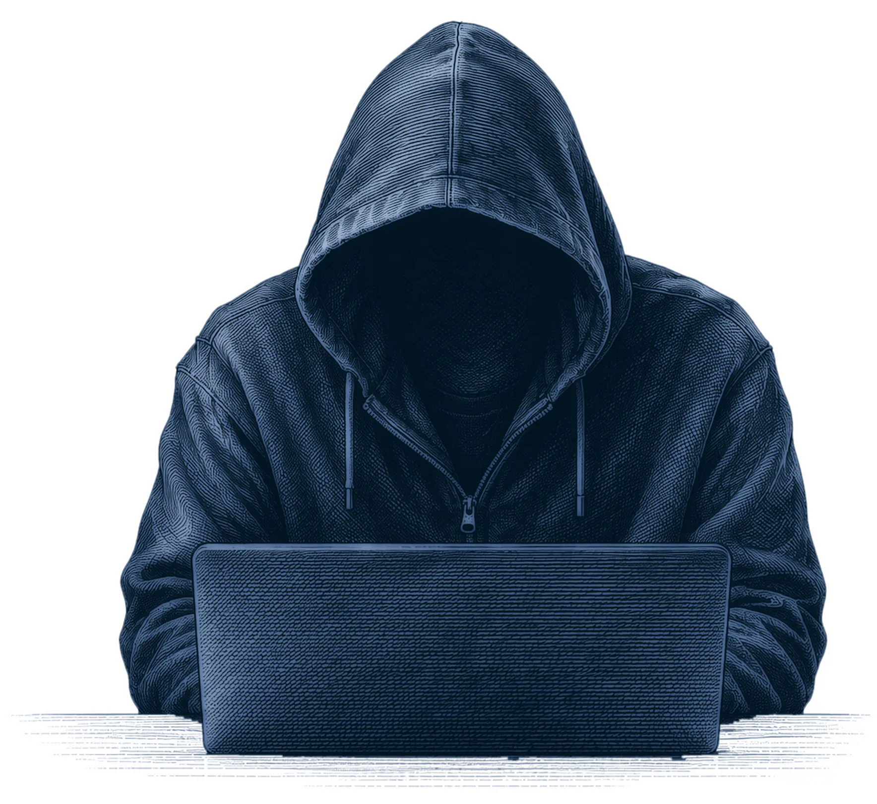 Engraving of a hooded adversary working at a laptop