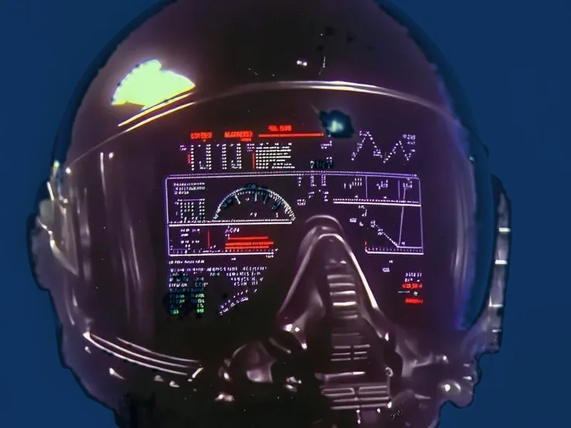 A pilot's helmet, flight data shown across its visor