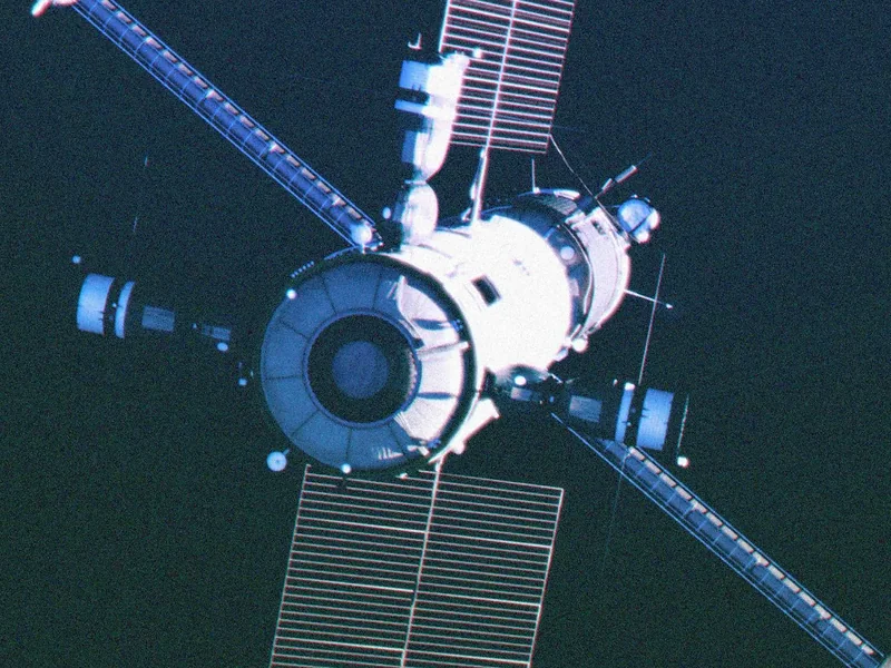 A space station in orbit, its modules and solar arrays assembled in space