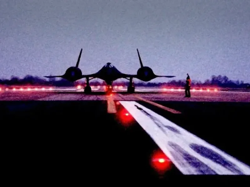 A reconnaissance jet on the runway at dusk, a crew member beside it
